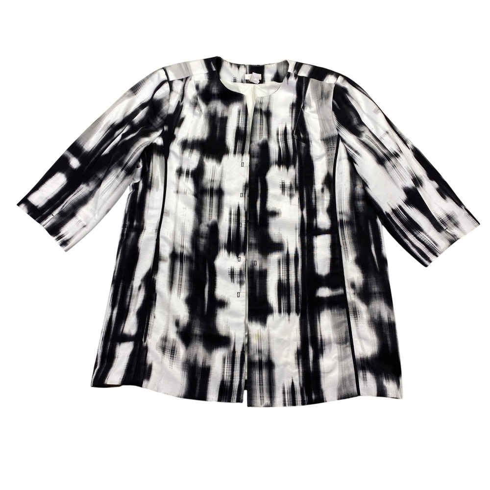Chicos Black White Abstract Ikat Print 3/4 Sleeve Hook Front Jacket Size 3 XL